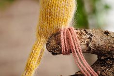 a close up of a piece of yarn on a tree branch