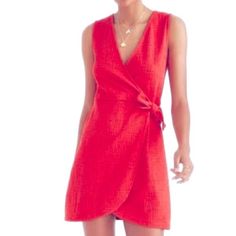 Nwt Madewell Texture And Thread Textured Red Knit Wrap Dress Size Xs Gorgeous & Comfortable Faux Wrap Dress Has Stretch Side Tie, Faux Wrap, The Tie Is Connected Pretty Red/Orange Color Can Be Dressed Up Or Down! Great For So Many Occasions! Approximate Measurements: Waist: 14” Pit To Pit/ 14” Length: 33” Red Fitted Wrap Dress With Tie Waist, Fitted Red Wrap Dress With Tie Waist, Wrap Mini Dress With Tie Waist For Date Night, Fitted Red V-neck Wrap Dress, Fitted Wrap Dress For Day Out, Spring Sleeveless Faux Wrap Dress, Summer Mini Dress With Faux Wrap, Sleeveless Faux Wrap Dress For Summer, Summer Mini Dress With Faux Wrap And Surplice Neckline