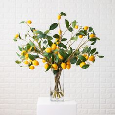 a vase filled with lots of lemons sitting on top of a white block wall