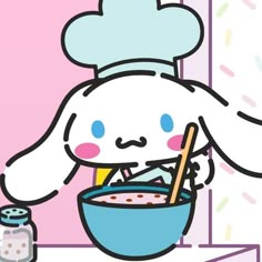 a cartoon bunny is eating cereal out of a bowl with chopsticks in it