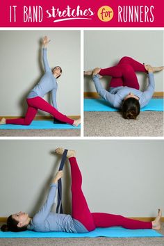 the woman is doing yoga exercises on her stomach and legs, both with one leg in the air