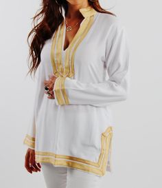 Mariam Style White Tunic with Golden Embroidery-for Christmas gifts, birthday gifts, winter dresses, beach cover ups, resortwear Golden Embroidery, Ladies Tops Blouses, Moroccan Fashion, Resort Shirt, Beach Cover Ups, Abaya Designs, White Tunic, Beach Shirt, Cover Ups