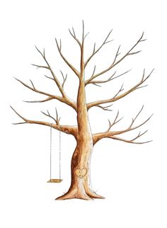 a drawing of a tree with a swing hanging from it