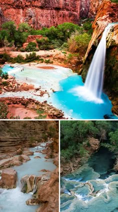 four different views of the grand canyons, including a waterfall and blue pool in the middle