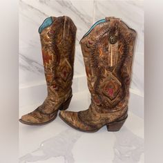 Corral Women’s Aztec Embroidered Whipstitched Cowgirl Snip Toe Boots Worn Twice To A Concert Size 7 In Great Condition Love These Boots So Much Just Don’t Have Anywhere To Wear The To Multicolor Embroidered Boots, Toe Boots, Just Don, Size 7, Women Shoes, Concert, Boots, Red, Women Shopping