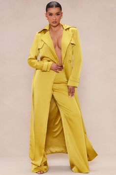 Available In Chocolate, Chartreuse, And Hot Pink. Satin Trench Long Sleeve Tie Waist Lined Wide Leg Pant Hidden Back Zipper Non Stretch Shell: 100% Polyester Lining: 95% Polyester 5% Spandex Imported | Gabriella Satin Trench Coat And Pant Set in Chartreuse size 2X by Fashion Nova Satin Trousers Outfit, Chartreuse Fashion, Satin Trench Coat, Satin Pant, Hot Pink Satin, Satin Coat, Pant Suits For Women, Trousers Women Wide Leg, Trouser Outfit