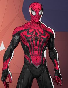 a drawing of a spider man standing in front of a red and black background with his hands on his hips