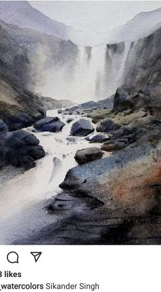 a watercolor painting of a waterfall in the mountains