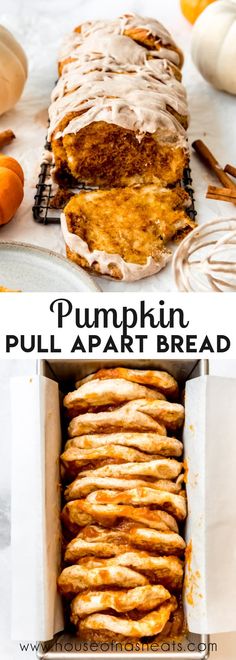 pumpkin pull apart bread with cinnamon glaze in the middle and on top, next to an open loaf of pumpkin pull apart bread