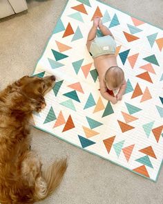 a baby laying on top of a quilt next to a dog looking at the baby