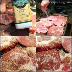 some meat and seasoning are being prepared on the grill for dinner or to be eaten