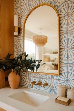 a bathroom sink with a mirror above it and a plant in front of the sink