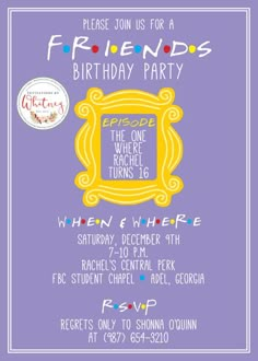 a purple and yellow birthday party with an ornate frame on the front, in white lettering