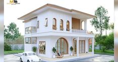 a white car is parked in front of a two story house with balconies