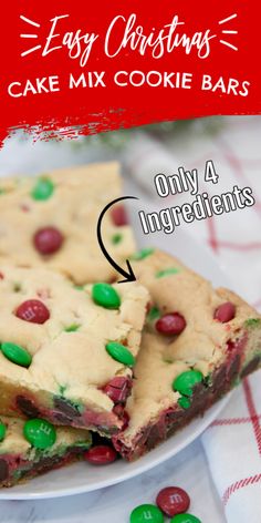 easy christmas cake mix cookie bars on a white plate with green and red candies