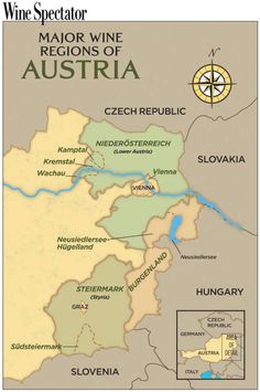 a map of the wine region of austria, with its major towns and rivers