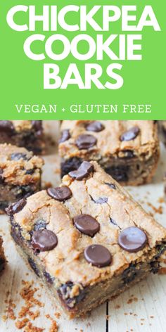 vegan and gluten free chickpea cookie bars with chocolate chips on top