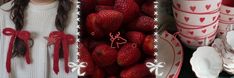 a woman standing next to a pile of strawberries in front of plates and cups