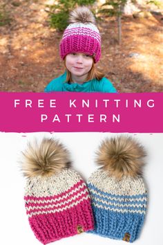 two knitted hats with pom - poms and text that reads free knitting pattern