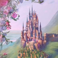 a painting of a castle with flowers in the foreground