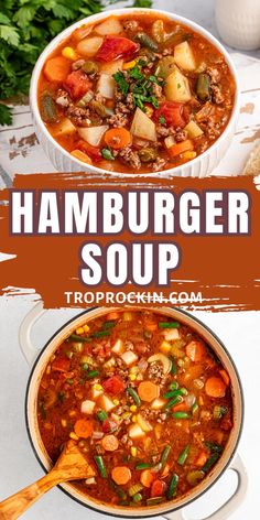 two bowls of hamburger soup on top of each other with the title overlaying