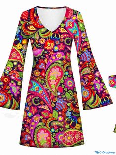 Orcajump - Halloween Print Dress with Bohemian Flare and Bell Sleeve Collar Waist Circumference, Halloween Prints, Types Of Skirts, Flared Sleeves, A Line Skirt, Bell Sleeve, Types Of Collars, A Line Skirts, Bell Sleeves