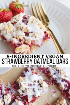 strawberry oatmeal bars on a plate with strawberries