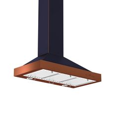 an image of a copper and blue stove hood with two lights on the side,