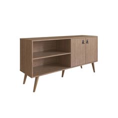 the sideboard is made out of wood and has two shelves on each side, one with