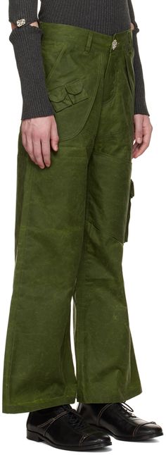 Organic cotton oilskin cargo pants. · Layered construction · Belt loops · Four-pocket styling · Button-fly · Flap pocket at front · Flap pocket at outseam · Cinch fastening at back waistband · Silver-tone hardware Available exclusively at SSENSE. Supplier color: Forest green Utility Work Pants With Hip Pockets, Utility Work Pants With Side Pockets, Green Utility Work Pants With Hip Pockets, Green Utility Work Pants With Side Pockets, Utility Green Work Pants With Side Pockets, Military Cotton Cargo Work Pants, Military Style Cotton Work Pants With Cargo Pockets, Military Style Cotton Work Pants With Multiple Pockets, Green Cotton Work Pants With Multiple Pockets