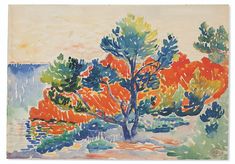 a painting of trees with oranges and green leaves in the foreground, on a white background