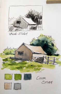 a drawing of an old farm house and color swatches on a piece of paper