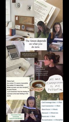 a collage of images with words and pictures on them that include books, papers, calculator