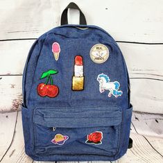 Just In Time For Back To School, Delightful Denim Look Backpack With Fun Patches.Glittering Lipstick, Cherry, Horse, Ice Cream And Real Friends. 100% Polyester. Has Zipper Closure With Separate Compartments, Front Zipper Pouch And Two Side Pockets To Tuck Pens Into. Trendy Denim Blue School Backpack, Denim Blue Cotton School Backpack, Denim Blue School Bag For Back To School, Trendy Denim Blue Backpack, Trendy Denim Blue Bags For Back To School, Trendy Denim Blue Back To School Bag, Trendy Denim Bags For Back To School, Blue Denim Backpack For Back To School, Denim Bags For Back To School