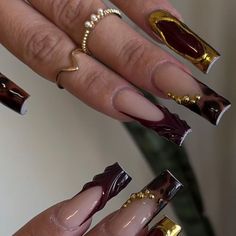 Coffin Gold French Tip Nails, Boho Almond Nails Designs, Tempered Square Acrylic Nails, Sharp Square Nails Short, Witch Nails Square, Dark Red And Brown Nails, Chrome Nail Designs Square, Dark Leopard Nails, Brown Junk Nails