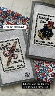 two cross stitch samples with the words liberty club in them and an image of a soldier