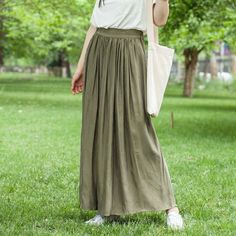 simplelinenlife-Women-Skirts-Summer-Linen-Skirt-Elastic-Waist Spring Full-length Baggy Skirt, Casual Full-length Pleated Skirt, Baggy Full-length Skirt For Spring, Plain Long Skirt For Summer, Green Non-stretch Skirt With Elastic Waistband, Green Cotton Casual Maxi Skirt, Casual Plain Maxi Skirt For Spring, Summer Long Skirt With Relaxed Fit, Relaxed Fit Long Skirt For Summer