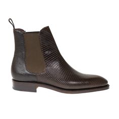 CHELSEA BOOTS IN BROWN LIZARD Luxury Ankle-high Chelsea Boots With Leather Sole, Luxury Chelsea Ankle Boots With Rubber Heel Cap, Luxury Chelsea Boots With Rubber Heel Cap, Elegant High-top Boots With Rubber Sole, Luxury Chelsea Boots With Rubber Sole For Fall, Luxury Fall Chelsea Boots With Rubber Sole, Luxury Calf Leather Boots With Goodyear Welt, Luxury Boots With Rubber Sole And Round Toe, Luxury Almond Toe Boots With Rubber Sole