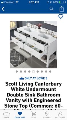 a white bathroom vanity with two sinks on the bottom and an advertise that reads,