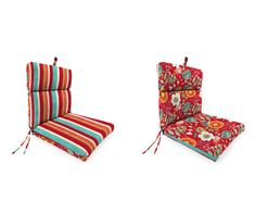 two chairs with colorful cushions and ties on them