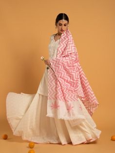 Mandakini Shwet - White Pink Chanderi Hand Printed Skirt Kurta Set (Set of 3) By Maison Shefali now available at Trendroots Unstitched Cream Lehenga, Cream Lehenga For Eid, Festive Cream Kurta With Printed Motifs, Cream Saree Sets For Navratri, Off White Sheer Dupatta Set For Diwali, Off White Palazzo Set With Sheer Dupatta For Festivals, Eid Traditional Wear With Dupatta And Long Skirt, Eid Long Skirt With Dupatta, Eid Long Skirt Traditional Wear With Dupatta