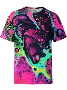 a t - shirt with colorful liquid paint on it, all over the chest and back