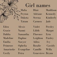 a list of names for girls with flowers on them and the names below each one