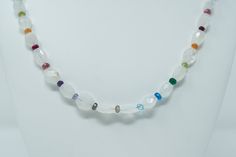 Fun Gemstone Necklace, Rainbow Multi Gem Necklace, Colorful Gem Necklace, Rainbow Moonstone Beaded Necklace, Oval Moonstone Beaded Necklace - Etsy White Necklaces With Oval Natural Stone Beads, White Necklaces With Oval Natural Stones, White Oval Gemstone Beads Necklaces, White Spiritual Crystal Necklaces With Faceted Beads, White Spiritual Crystal Necklace With Faceted Beads, Rainbow Gemstone Beaded Round Necklaces, Adjustable Rainbow Faceted Beads Necklace, Elegant Rainbow Gemstone Bead Necklace, Rainbow Faceted Beads Necklace