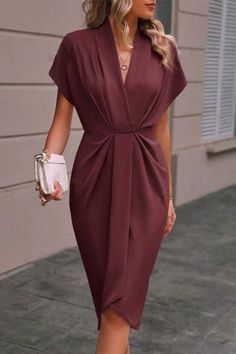 Details: Material: Polyester Style: Elegant Pattern Type: Solid Element: Fold Neckline: V Neck Silhouette: A Line Sleeve Style: Dropped Shoulder Sleeve Sleeve Length: Short Sleeve Fit Type: Regular Type: Solid Color Size(in) Bust Waist Dresses Length Sleeve Length S 35.4 26.4 43.7 9.4 M 37 28 44.5 9.8 L 38.6 29.5 45.3 10.1 XL 40.2 31.1 46.1 10.4 Tips:Due to the many variations in monitors, the color in the image could look slightly different, please take physical design and color shall prevail.P Black Midi Wrap Dress, Sleeveless Skirt, Casual Chique, Smart Dress, Midi Wrap Dress, Wrap Midi Dress, Solid Color Dress, Mid Length Skirts, Vestido Casual