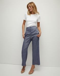 Aubrie Linen Pant - Blue Melange Pants Outfit Work, Cute Professional Outfits, Linen Pant, Cropped Linen Pants, Selling Clothes, Tailored Pants, Cropped Style, Professional Outfits, Veronica Beard