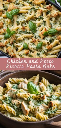 chicken and pesto ricotta pasta bake in a pan with basil leaves on top