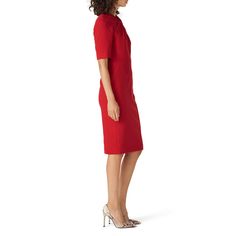 Red crepe (64% Polyester, 33% Viscose, 3% Elastane). Sheath. Short sleeves. High neckline. Hidden center back zipper with hook-and-eye closure. Fully lined. 41" from shoulder to hemline. Imported. Red Sheath Midi Dress For Work, Red Knee-length Workwear Dress, Red Knee-length Dresses For Office, Red Knee-length Dress For Work, Red Knee-length Office Dress, Classic Red Dress For Work, Red Fitted Midi Dress For Semi-formal Occasions, Tailored Knee-length Career Dresses, Elegant Semi-formal Red Dress