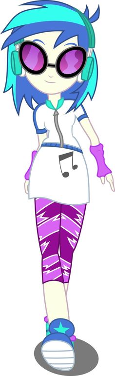 a cartoon girl with blue hair and purple glasses on her head, standing in front of a