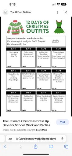 an iphone screen showing the ultimate christmas dress up schedule for kids and adults to use